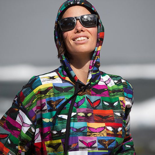 FLYING 'OKOLE product design and photographs of colorized whale tail hoodie for Whale Trust Maui on the Branding, Websites & Marketing Our Work page.